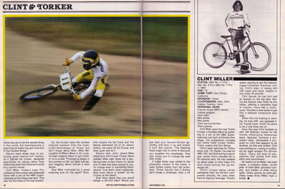 Bicycle Motocross Action, September 1981: Clint Miller racing the 26 inch Torker Cruiser, with his rider profile