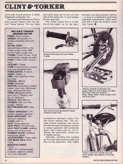 Bicycle Motocross Action, September 1981: Clint Miller's Torker Cruiser setup and frame details