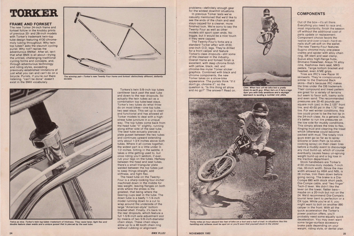 BMX Plus, November 1982: Torker 24 inch frame and forkset with twin top tubes