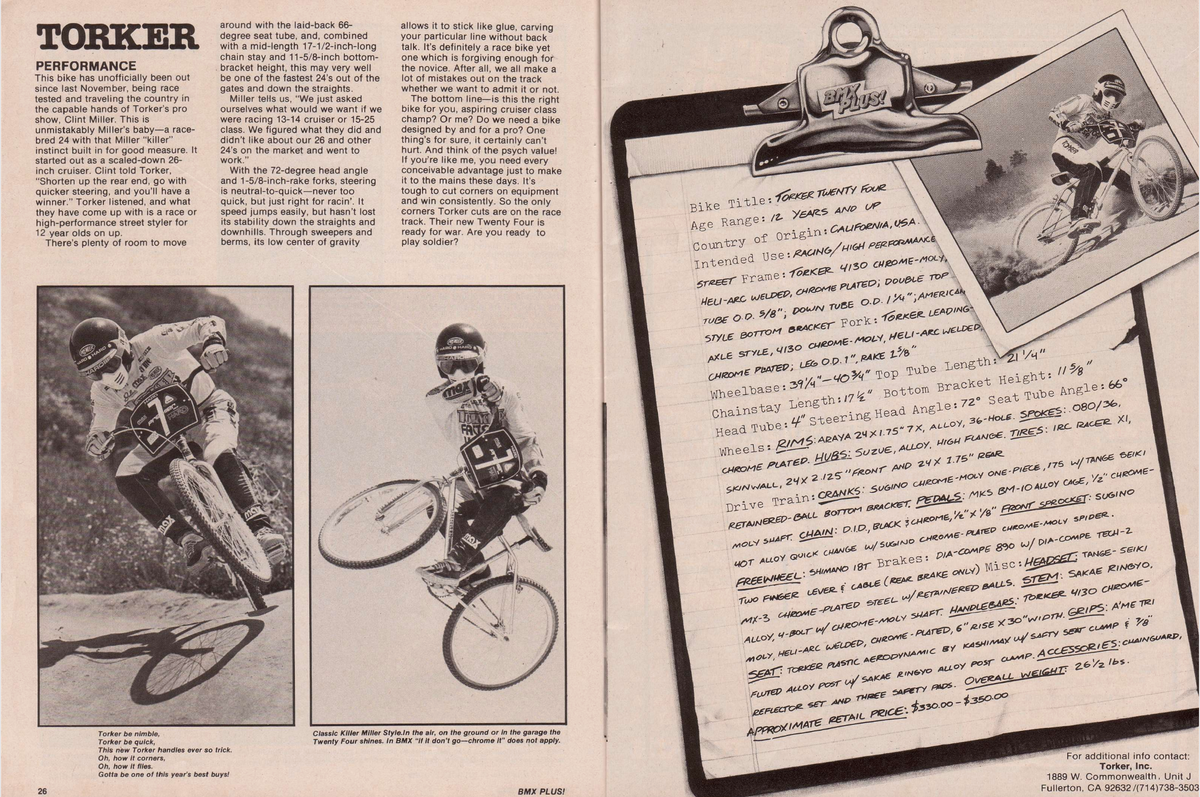 BMX Plus, November 1982: Torker Twenty Four performance and original geometry spec sheet
